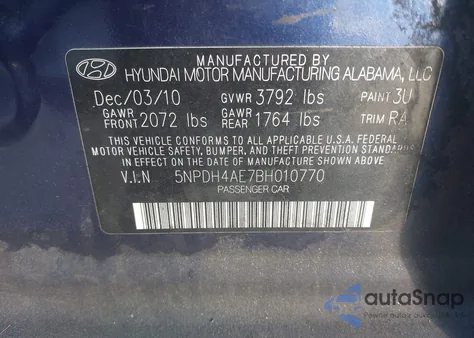 2011 Hyundai Elantra Limited z USA, uszkodzony, nr VIN 5NPDH4AE7BH010770